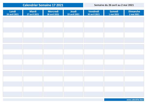 Semaine 17 2021 du 26/04/2021 au 02/05/2021, calendrier hebdomadaire à imprimer.