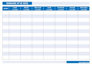 Calendrier hebdomadaire à imprimer : semaine 18 2023.