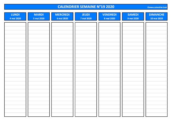 Semaine 19 2020 du 04/05 au 10/05, calendrier hebdomadaire à imprimer.