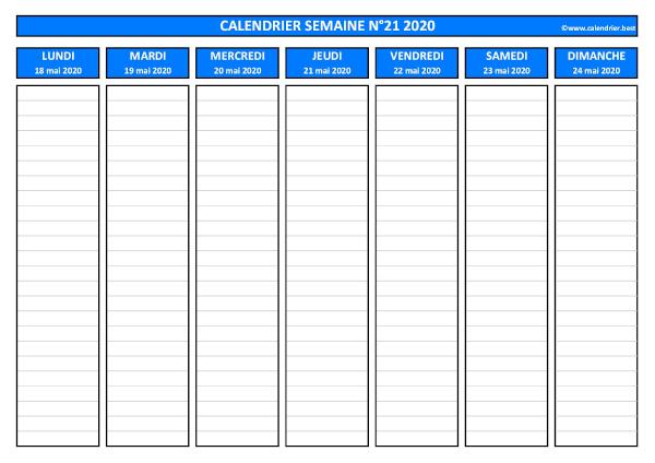 Semaine 21 2020 du 18/05 au 24/05, calendrier hebdomadaire à imprimer.