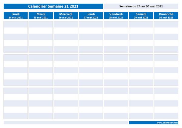 Semaine 21 2021 du 24/05/2021 au 30/05/2021, calendrier hebdomadaire à imprimer.