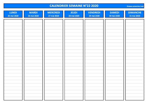 Semaine 22 2020 du 25/05 au 31/05, calendrier hebdomadaire à imprimer.