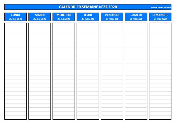 Semaine 22 2020 du 25/05 au 31/05, calendrier hebdomadaire à imprimer.