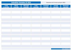 Calendrier hebdomadaire à imprimer : semaine 22 2021.