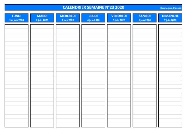 Semaine 23 2020 du 01/06 au 07/06, calendrier hebdomadaire à imprimer.