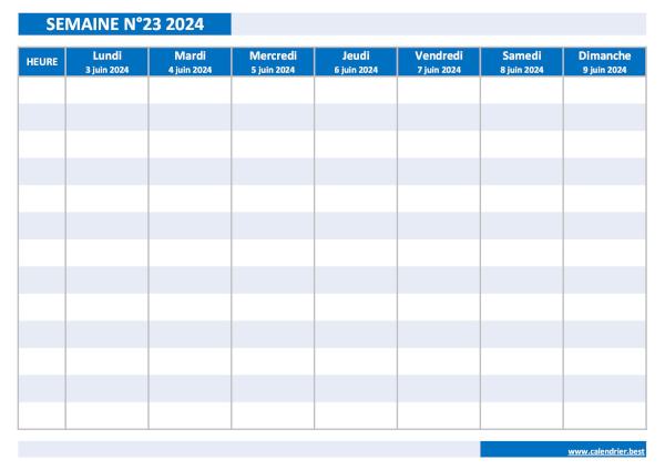 Calendrier hebdomadaire 2024 à imprimer - Semaine ISO 23 2024.