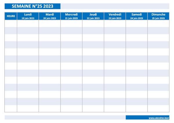 Semaine 25 2023 du 19/06/2023 au 25/06/2023, calendrier hebdomadaire à imprimer.