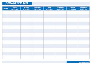 Calendrier hebdomadaire à imprimer : semaine 26 2022.