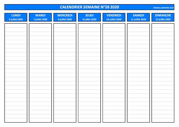 Semaine 28 2020 du 06/07 au 12/07, calendrier hebdomadaire à imprimer.