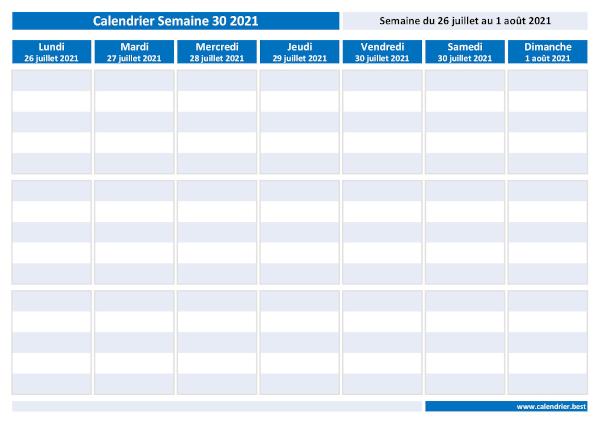 Semaine 30 2021 du 26/07/2021 au 01/08/2021, calendrier hebdomadaire à imprimer.