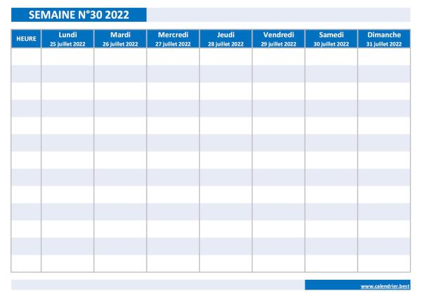 Semaine 30 2022 du 25/07/2022 au 31/07/2022, calendrier hebdomadaire à imprimer.