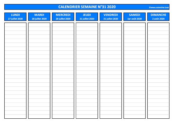 Semaine 31 2020 du 27/07 au 02/08, calendrier hebdomadaire à imprimer.