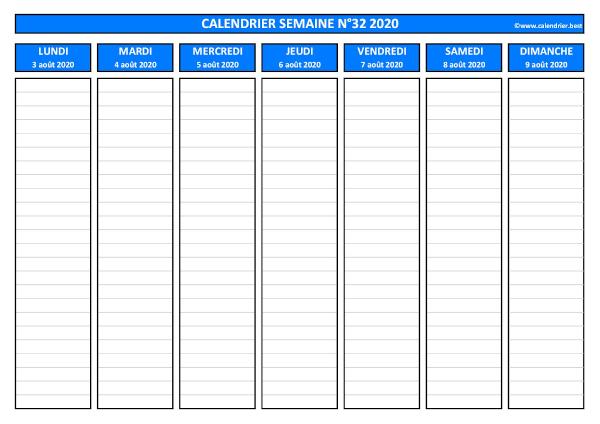 Semaine 32 2020 du 03/08 au 09/08, calendrier hebdomadaire à imprimer.