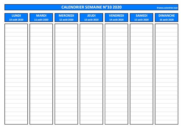 Semaine 33 2020 du 10/08 au 16/08, calendrier hebdomadaire à imprimer.