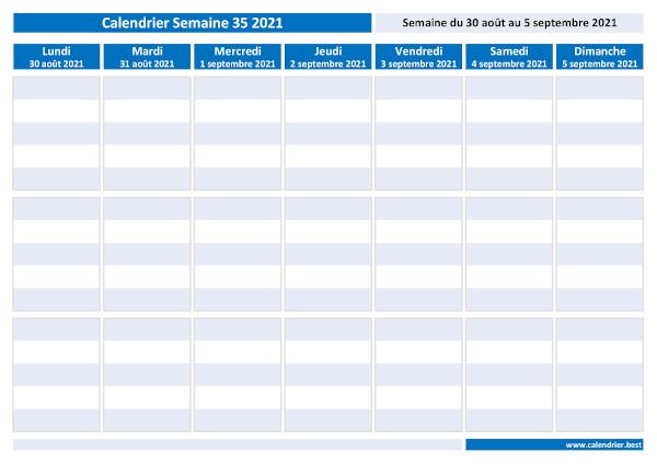 Semaine 35 2021 du 30/08/2021 au 05/09/2021, calendrier hebdomadaire à imprimer.