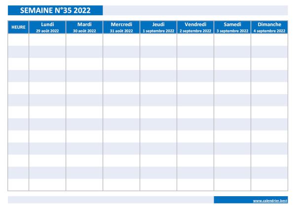 Semaine 35 2022 du 29/08/2022 au 04/09/2022, calendrier hebdomadaire à imprimer.