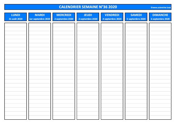 Semaine 36 2020 du 31/08 au 06/09, calendrier hebdomadaire à imprimer.