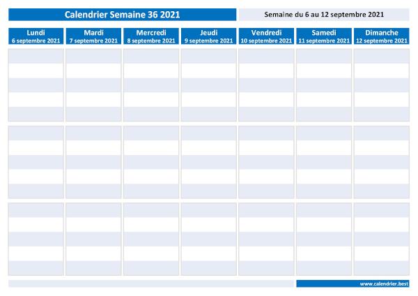 Organiser votre planning hebdomadaire grâce à notre calendrier de la semaine 36 2021. Semaine 36 2021 du 06/09/2021 au 12/09/2021, calendrier hebdomadaire à imprimer.