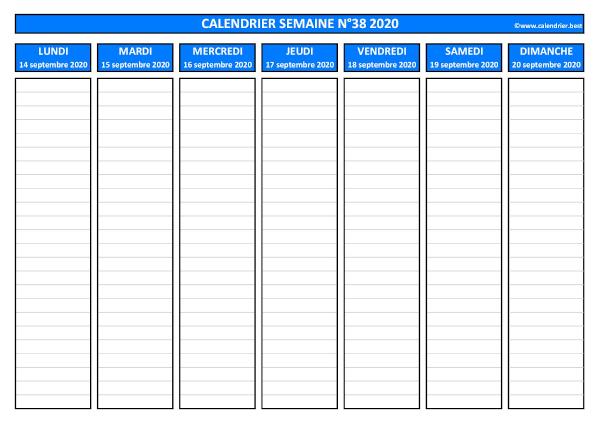 Semaine 38 2020 du 14/09 au 20/09, calendrier hebdomadaire à imprimer.