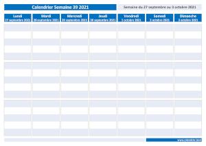 Calendrier hebdomadaire à imprimer : semaine 39 2021.