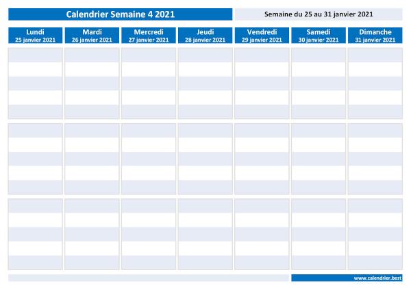 Semaine 4 2021 du 25/01/2021 au 31/01/2021, calendrier hebdomadaire à imprimer.