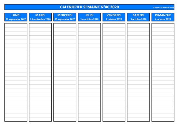 Semaine 40 2020 du 28/09 au 04/10, calendrier hebdomadaire à imprimer.