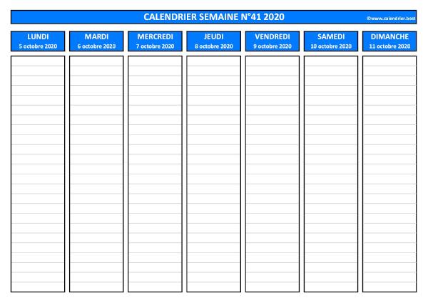 Semaine 41 2020 du 05/10 au 11/10, calendrier hebdomadaire à imprimer.