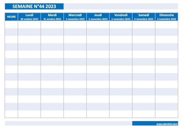 Organiser votre planning hebdomadaire grâce à notre calendrier de la semaine 44 2023. Semaine 44 2023 du 30/10/2023 au 05/11/2023, calendrier hebdomadaire à imprimer.