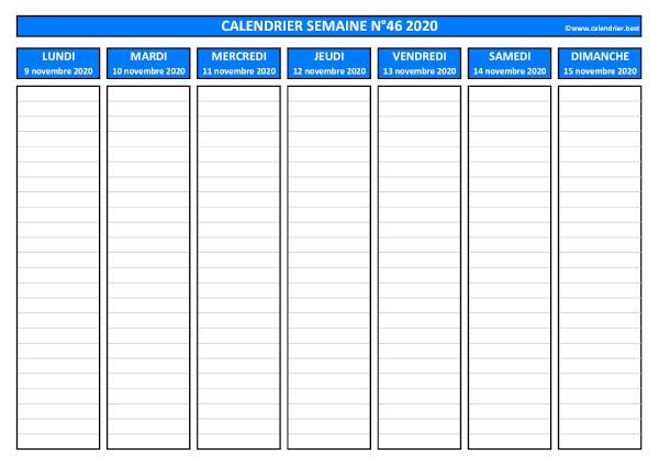 Semaine 46 2020 du 09/11 au 15/11, calendrier hebdomadaire à imprimer.