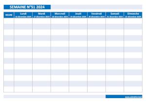 Calendrier hebdomadaire à imprimer : semaine 51 2024.