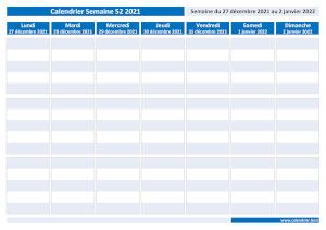 Calendrier hebdomadaire à imprimer : semaine 52 2021.