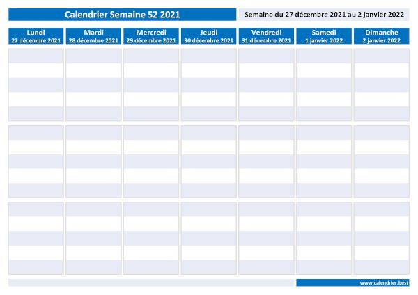 Calendrier de la semaine ISO 52 2021 à imprimer.