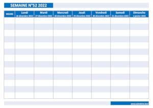 Calendrier hebdomadaire à imprimer : semaine 52 2022.