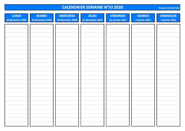 Semaine 53 2020 du 28/12 au 03/01, calendrier hebdomadaire à imprimer.