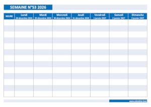 Calendrier hebdomadaire à imprimer : semaine 53 2026.