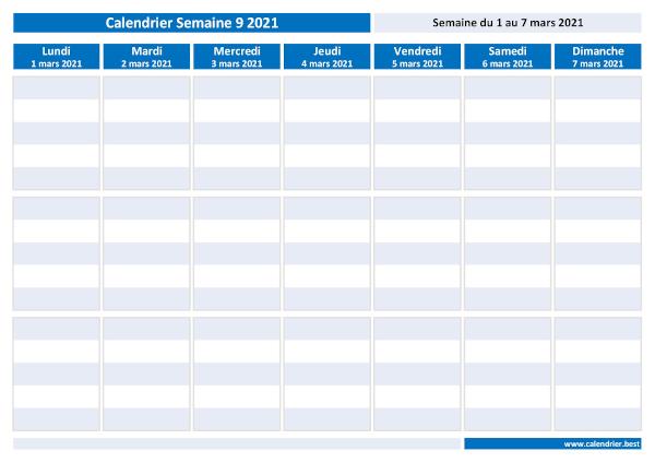 Semaine 9 2021 du 01/03/2021 au 07/03/2021, calendrier hebdomadaire à imprimer.