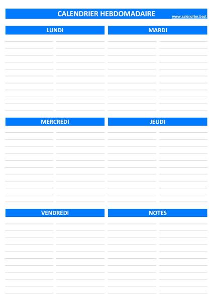 Semainier à imprimer avec 16 lignes disponibles chaque jour pour écrire et organiser son planning hebdomadaire