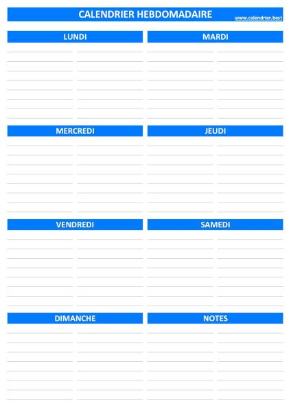 Semainier à imprimer avec 16 lignes disponibles chaque jour pour écrire et organiser son planning hebdomadaire