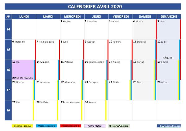 calendrier du mois d'avril 2020 complet avec jours fériés, saints, fêtes populaires, dates des vacances scolaires.