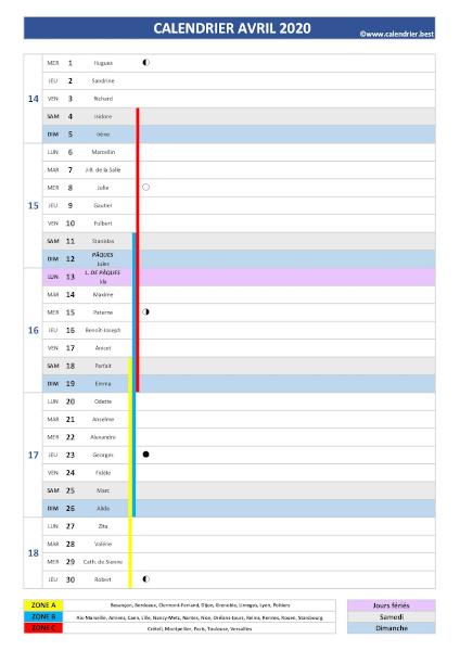 calendrier du mois d'avril 2020 complet avec jours fériés, saints, fêtes populaires, dates des vacances scolaires et phases de lune.