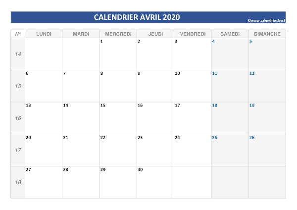 calendrier du mois d'avril 2020 vierge