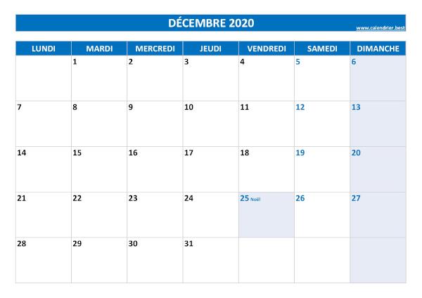 Calendrier décembre 2020 à imprimer avec jours fériés.