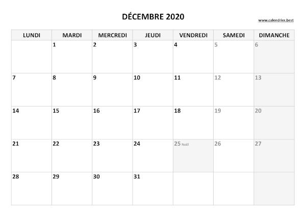 Calendrier décembre 2020 à imprimer avec jours fériés.
