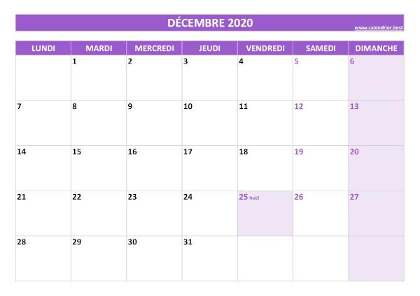 Calendrier décembre 2020 à imprimer avec jours fériés.