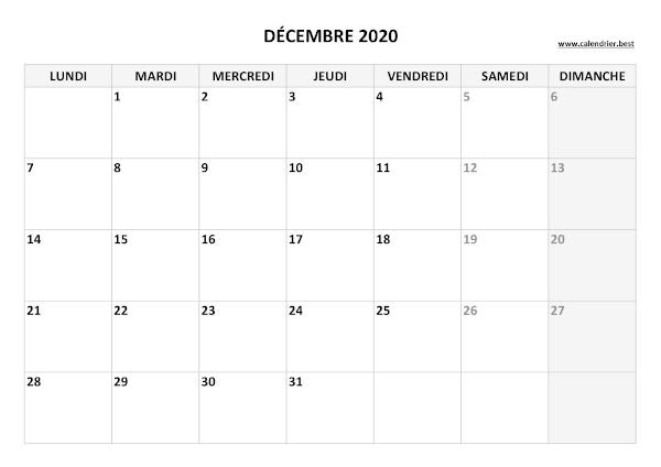 Calendrier décembre 2020 à imprimer.