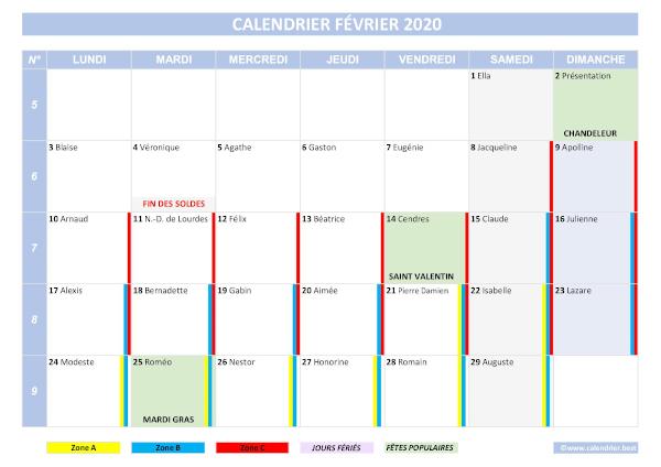 calendrier du mois de février 2020 complet avec jours fériés, saints, fêtes populaires, dates des vacances scolaires et phases de lune.