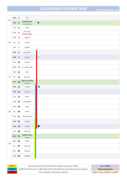 calendrier du mois de février 2020 complet avec jours fériés, saints, fêtes populaires, dates des vacances scolaires et phases de lune.