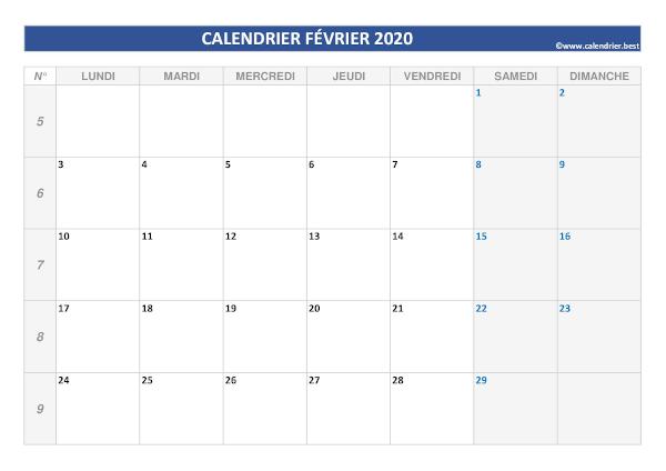 calendrier du mois de février 2020 vierge