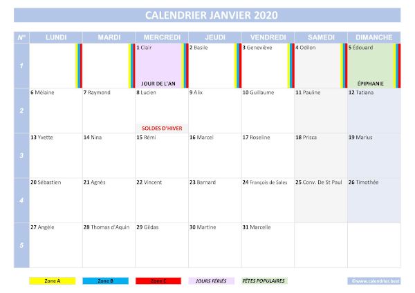 calendrier du mois de janvier 2020 complet avec jours fériés, saints, fêtes populaires, dates des vacances scolaires.
