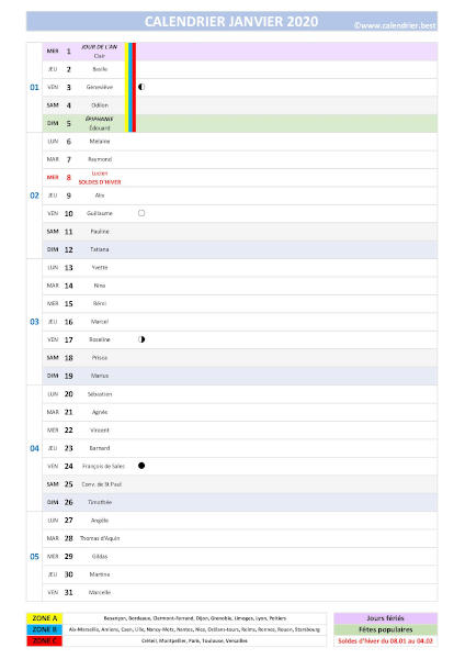 calendrier du mois de janvier 2020 complet avec jours fériés, saints, fêtes populaires, dates des vacances scolaires et phases de lune.